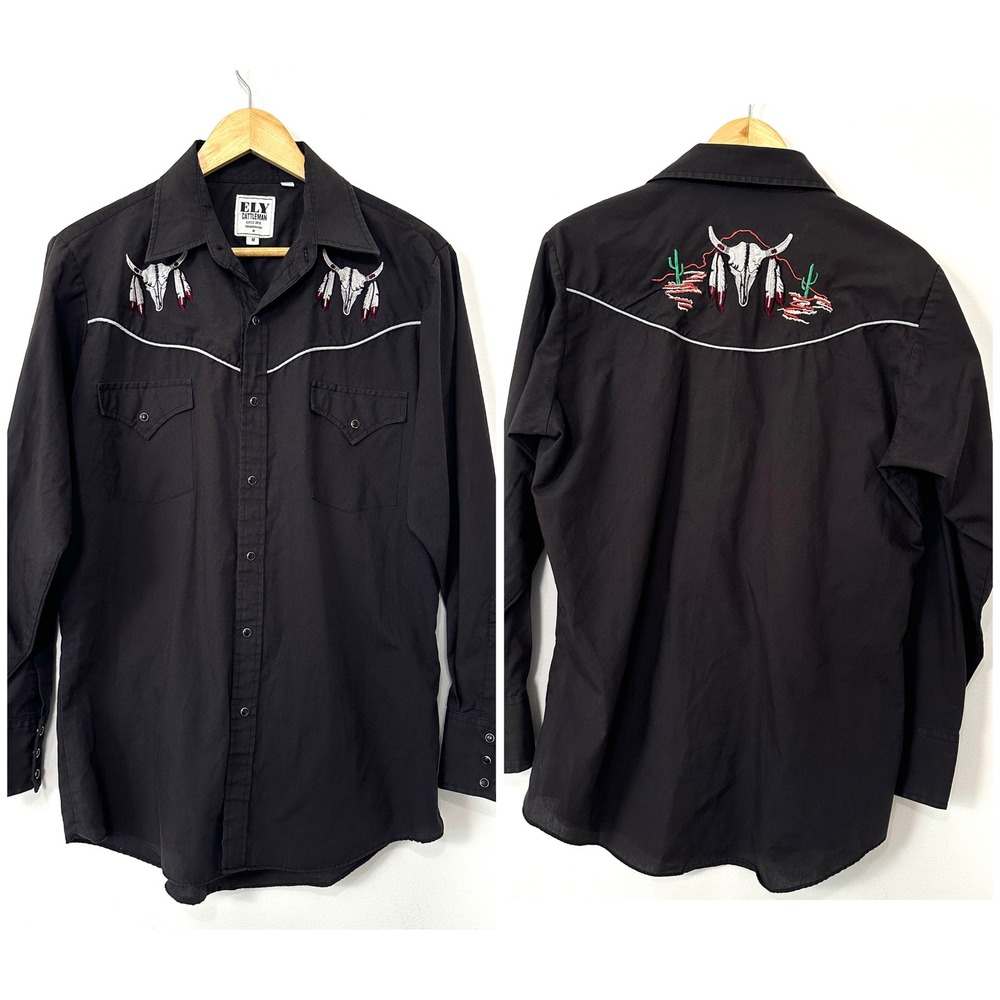 VTG Ely Cattleman Western Snap Shirt Bull Skull Embroidered Black M Rockabilly